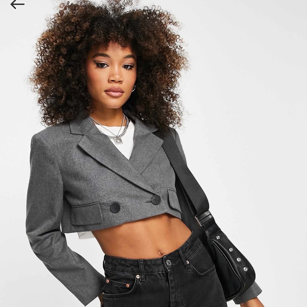 Bershka Charcoal Double-Breasted Cropped Blazer